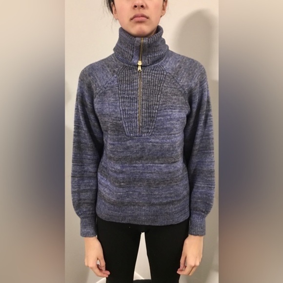 Lot of 2 J CREW Sweaters Blue Zip Turtleneck, Gray Striped Elbow Patches Medium - Picture 3 of 15